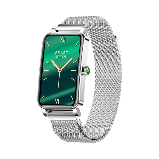 Silver smartwatch with green screen and Milanese mesh strap, metal rectangular case