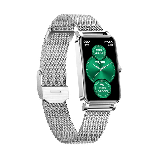 Silver mesh strap smartwatch with rectangular screen showing heart and steps metrics