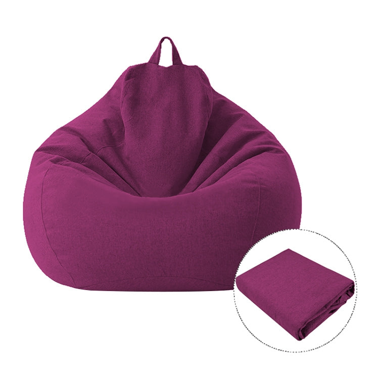 Purple fabric bean bag chair cover, 100x120cm, with carry handle; folded corner swatch.