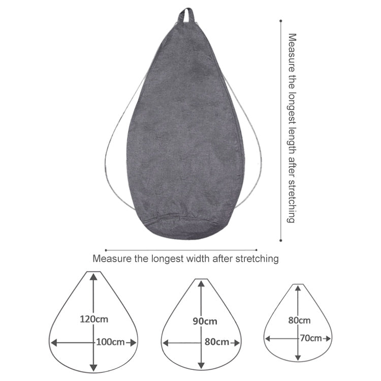 Gray teardrop bean bag chair fabric cover with top carry loop and stretched measurements