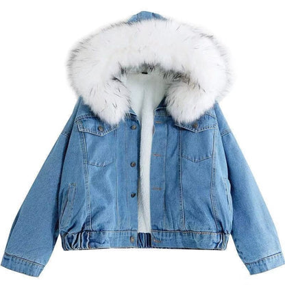 Light blue denim jacket with white faux fur oversized collar and button front.