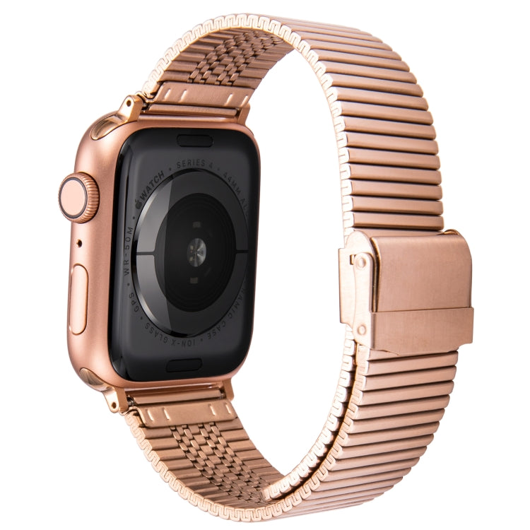 Rose gold tone wide link steel watch band with folding clasp