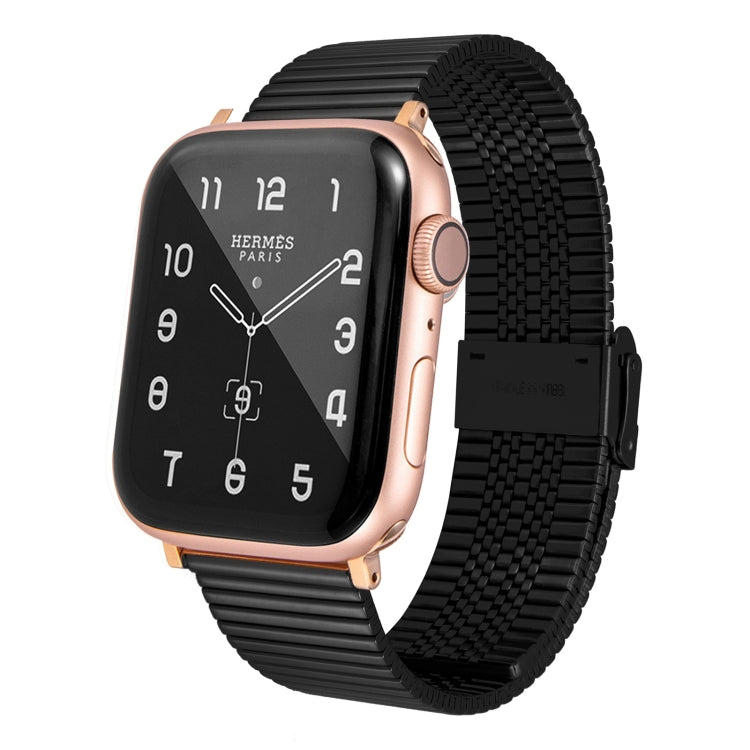 Black braided link steel watch band with clasp and adjustment holes