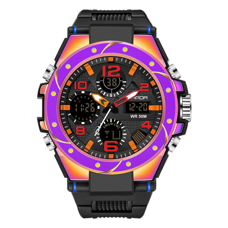 Men’s sport wristwatch with black strap, rainbow bezel, analog hands with dual digital readouts