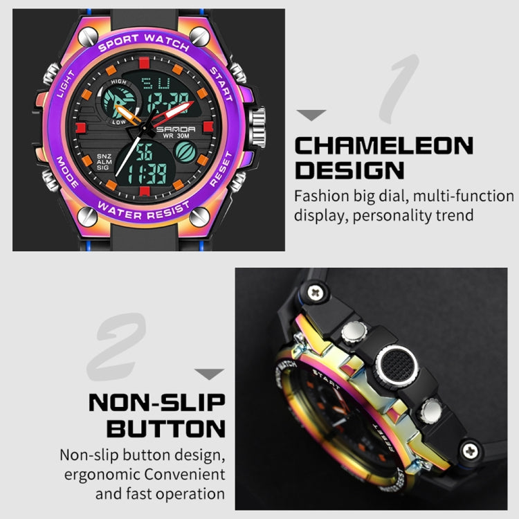 Rainbow bezel sport watch with black strap and side buttons, multi-function dial