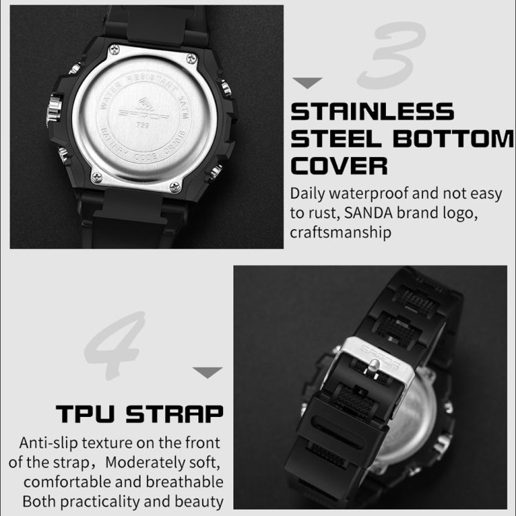 Sport watch showing stainless steel back cover and black textured TPU strap