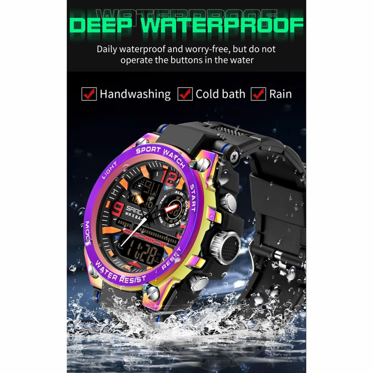 Sports quartz watch with rainbow bezel, black strap, dual digital and analog displays.