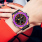 Men's sports chronograph watch on wrist, rainbow bezel, black strap, dual displays.