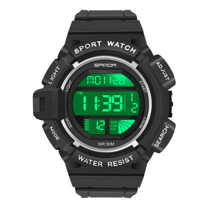 Black digital LED sport alarm wristwatch with green luminous display and silicone band.