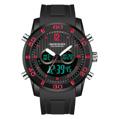 Black dual digital sports watch with red luminous bezel accents and dual displays