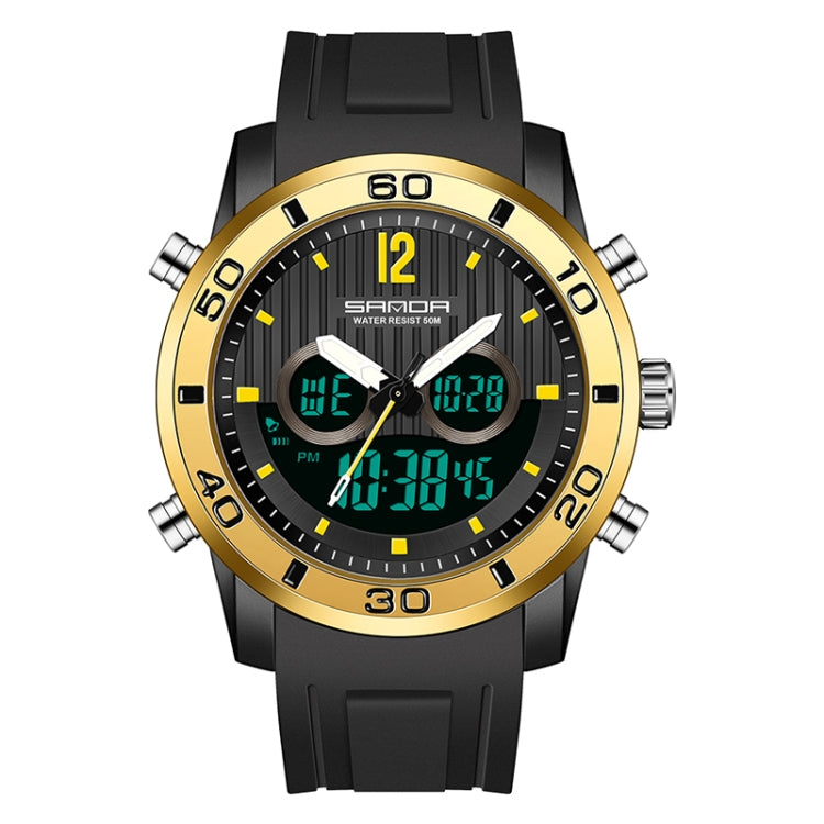 Black and gold dual digital sports watch with yellow luminous bezel accents and dual displays