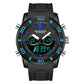 Black dual digital sports watch with blue luminous bezel accents and dual displays