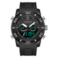 All-black dual digital sports watch with red second hand and dual digital displays