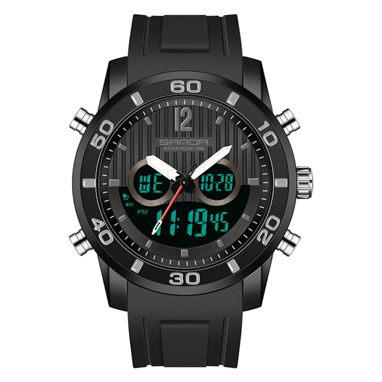 All-black dual digital sports watch with red second hand and dual digital displays