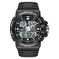 Dual time digital sport watch with black case, black band, and silver pushers