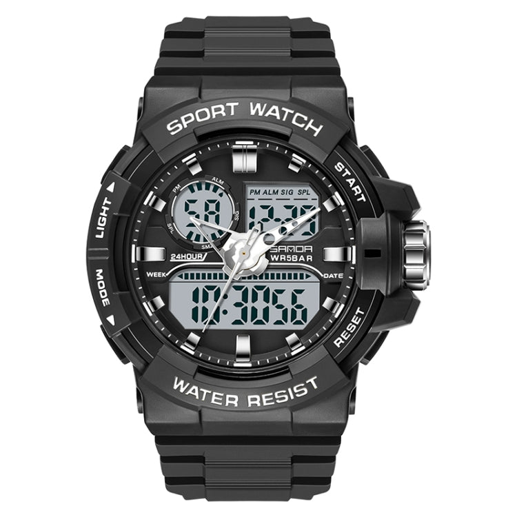 Dual time digital sport watch with black case, black band, and silver pushers