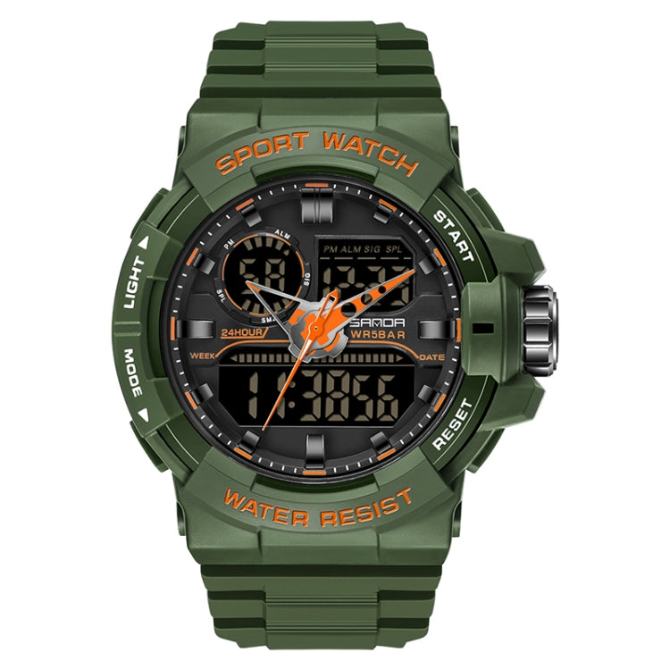 Dual time digital sport watch with army green band and orange-accent bezel