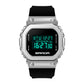 Digital square-dial LED sports watch with silver case and black silicone strap