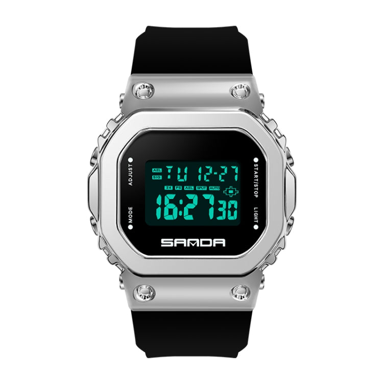 Digital square-dial LED sports watch with silver case and black silicone strap