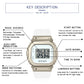 Digital square-dial watch with silver case, buttons, and black silicone strap