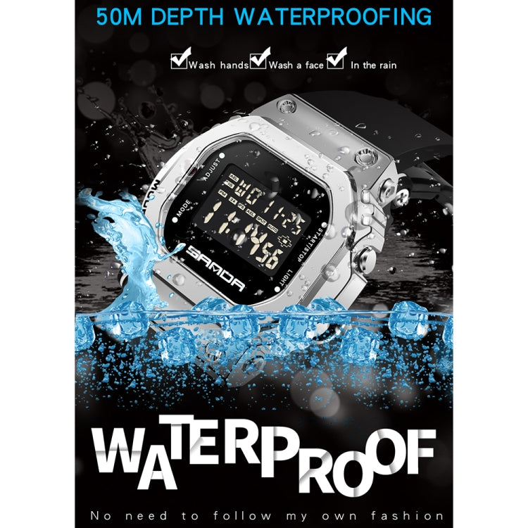 Silver digital square-dial watch with black display on a waterproof look with water splashes
