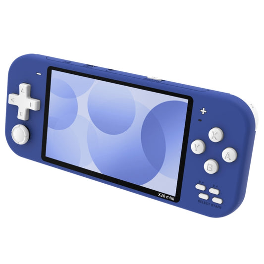 Blue X20 mini handheld game console with screen, D-pad, and action buttons