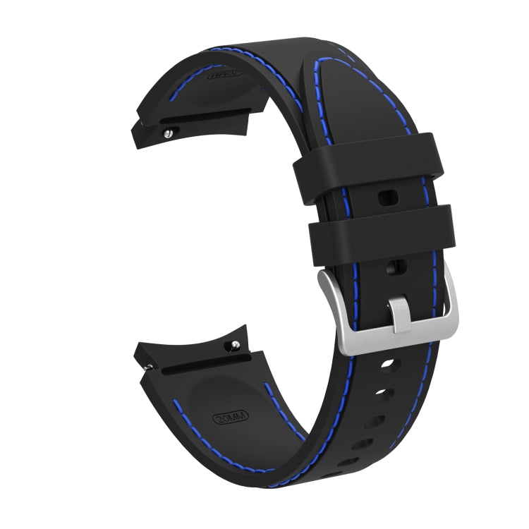 Black silicone watchband with blue contrast stitching and adjustable metal buckle