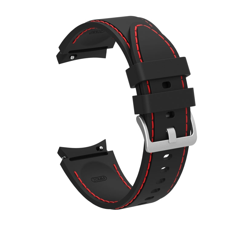 Black silicone watchband with red contrast stitching and adjustable metal buckle