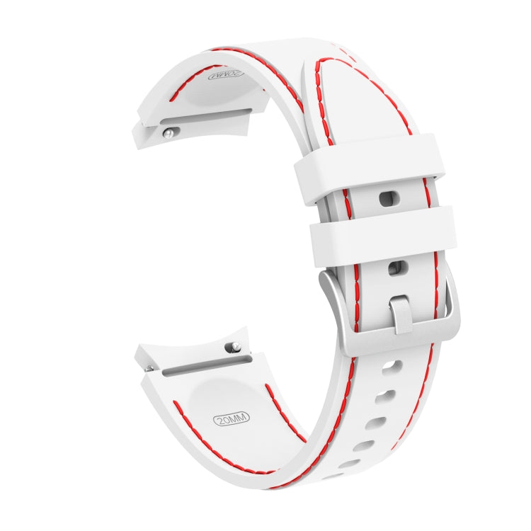 White silicone watchband with red contrast stitching and adjustable white buckle