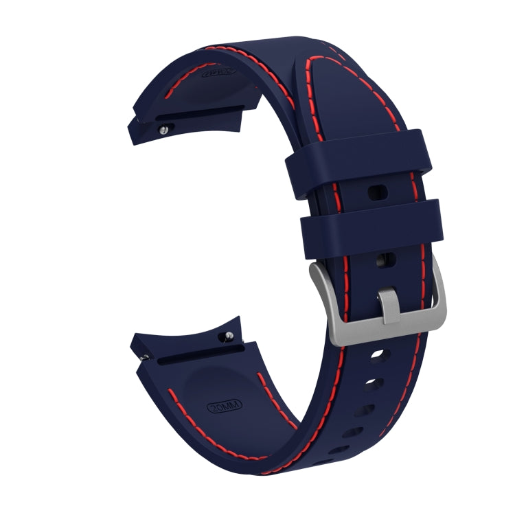 Navy silicone watchband with red contrast stitching and adjustable metal buckle