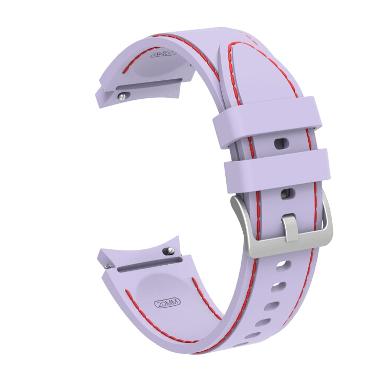Light purple silicone watch strap with red-stitched edges and metal clasp buckle