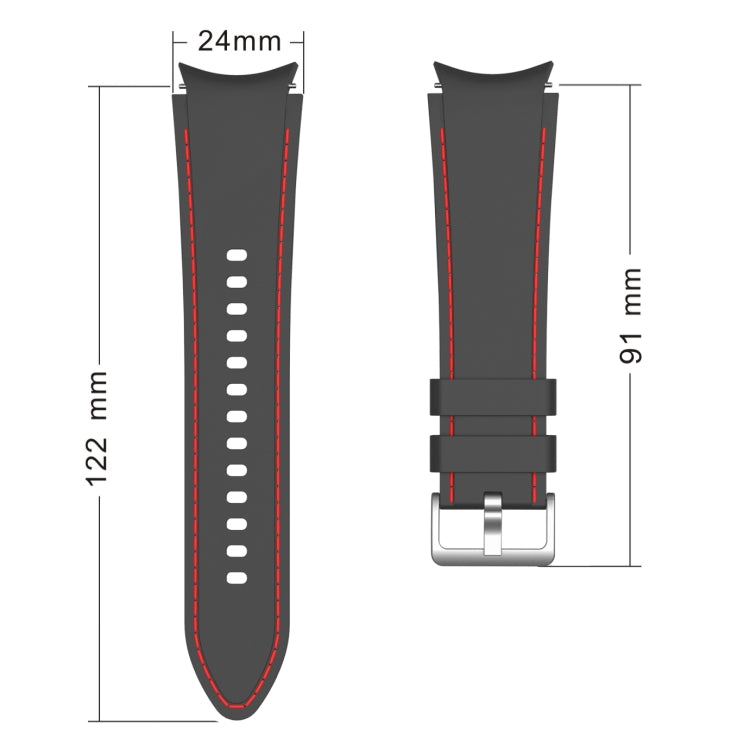 Black silicone watch strap size: 24mm wide, 122mm long, red stitched