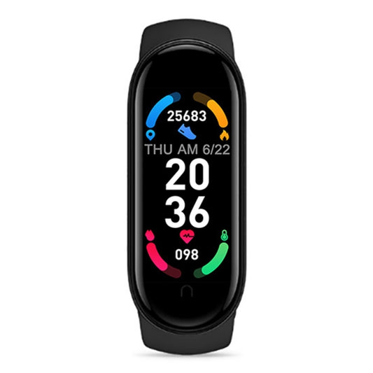 Black sports smart bracelet with fitness display and heart and activity icons on screen
