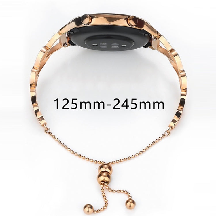Rose gold smartwatch with heart-link bracelet and three bead charm dangles.