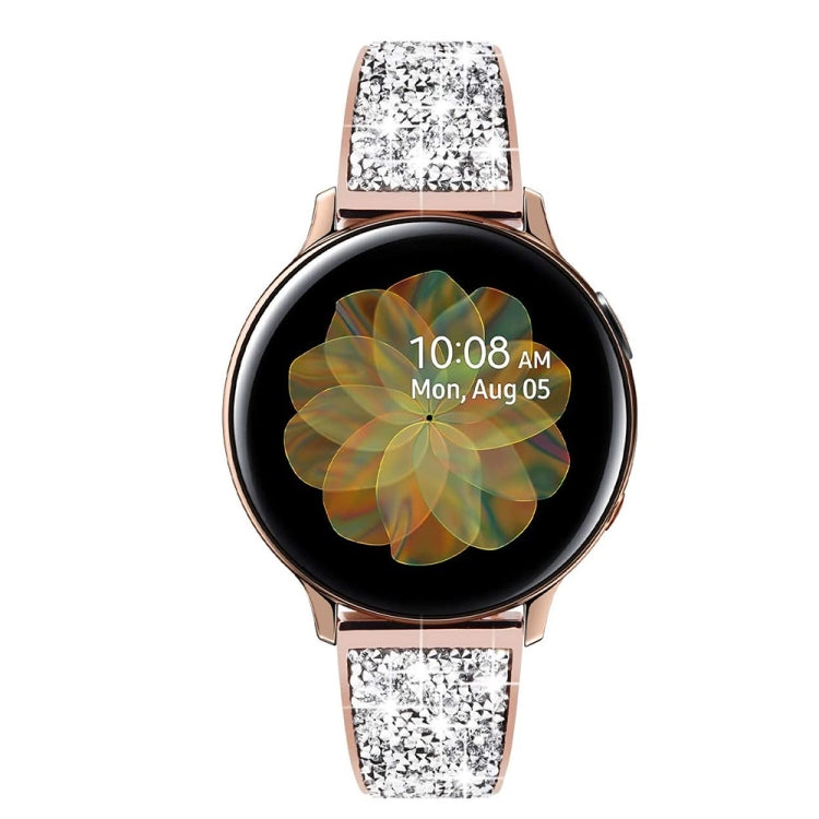 Rose gold sparkling stainless steel watchband on a smartwatch with black display
