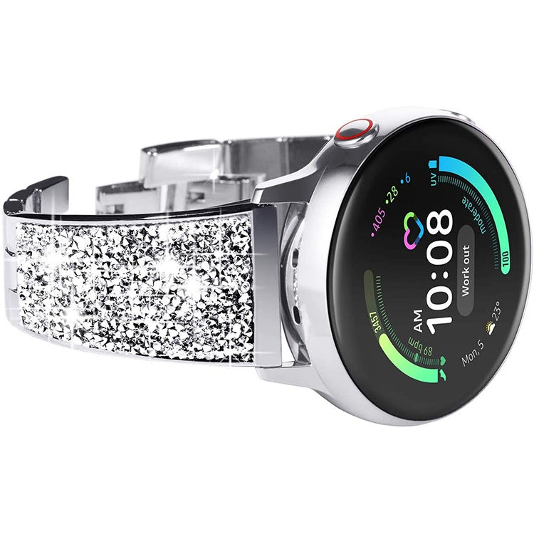 Sparkling silver metal watch band with crystal-pattern links and metal clasp