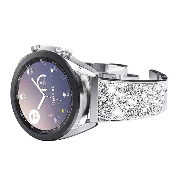 Silver metal watch band with glitter crystal panel and adjustable clasp
