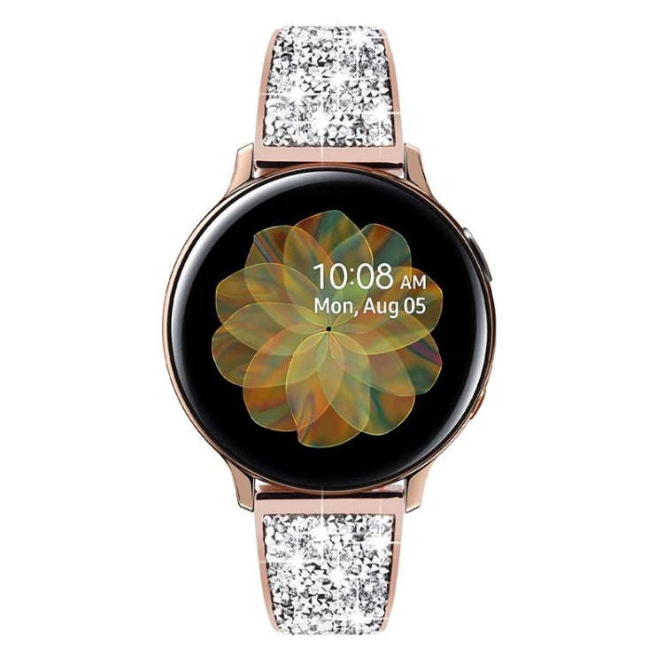 Rose gold metal watch band with glitter crystal-pattern links and snap clasp