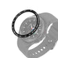 Smartwatch bezel ring with black tone and white minute markings, on gray sport strap