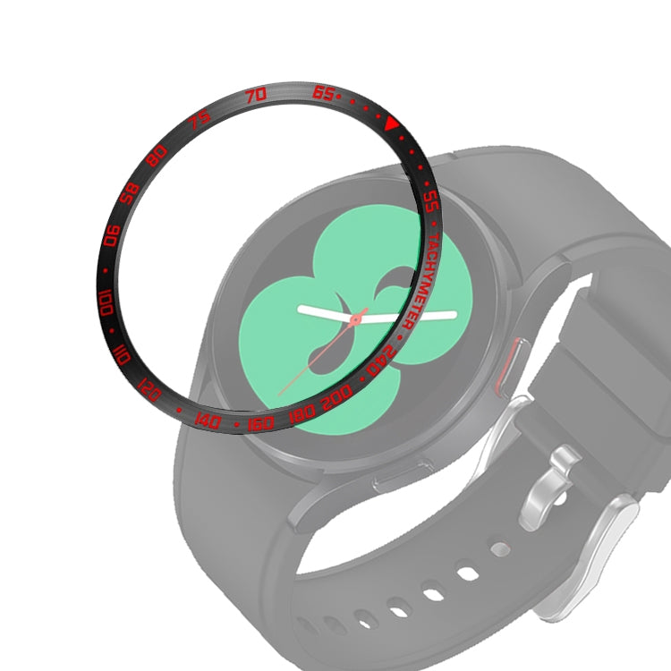 Smartwatch bezel ring with red minute markers and black scale, on gray sport strap