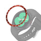 Smart watch with red bezel ring and mint watch face, gray silicone strap