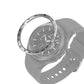 Smartwatch bezel ring attachment on black watch with silver bezel and dark chronograph dial
