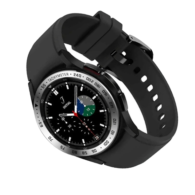 Smartwatch bezel ring attachment on black watch with dark chronograph dial and black strap