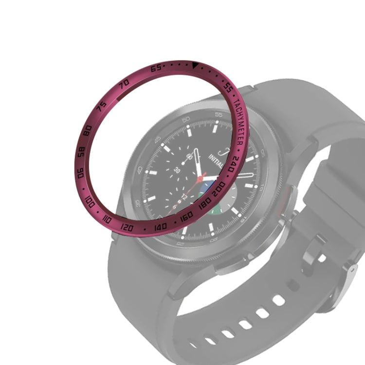 Smart watch with purple bezel ring and black dial, gray silicone strap