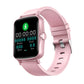 Pink smartwatch showing steps and calorie stats on a square touchscreen