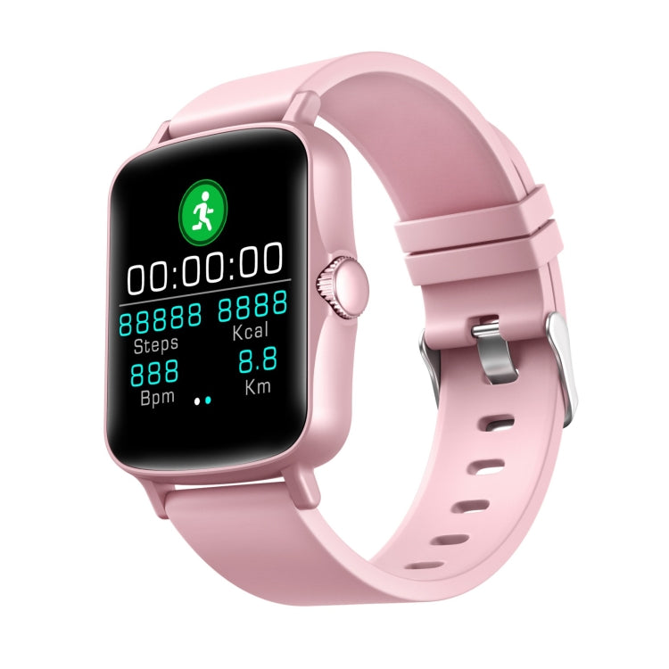 Pink smartwatch showing steps and calorie stats on a square touchscreen