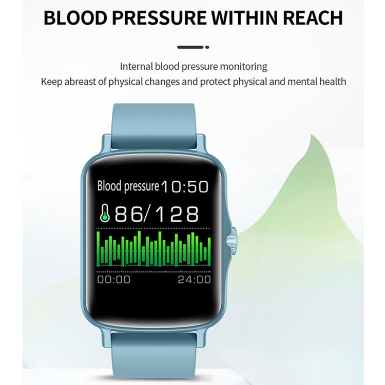 Blue smartwatch showing blood pressure reading on the touchscreen display