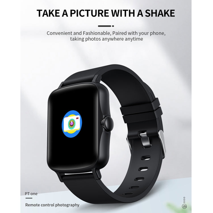 Black smartwatch with camera app icon on the touchscreen, on a silicone strap