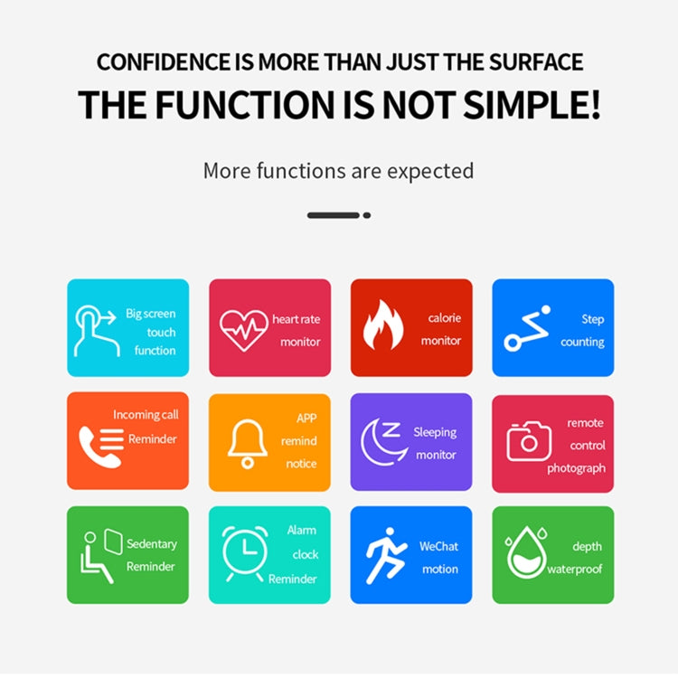 Smart watch feature icon infographic with heart rate, steps, sleep, and waterproof icons