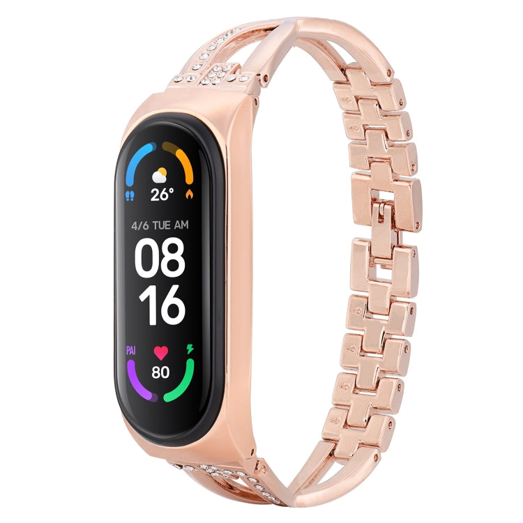 Rose gold diamond-link alloy watchband with X-shaped pattern for fitness tracker